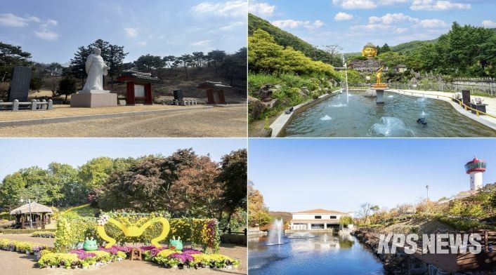 용인의 대표 관광지인 포은 정몽주 선생 묘, 와우정사, 용인자작나무숲, 용인농촌테마파크(시계방향)
